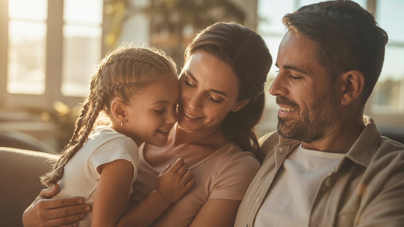 A mother and father sharing a quiet, grateful moment with their healthy child during golden hour