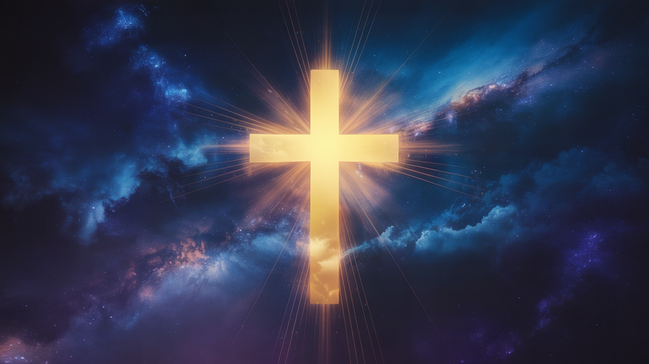 Golden cross radiating light against a cosmic sky — divine truth illuminating creation