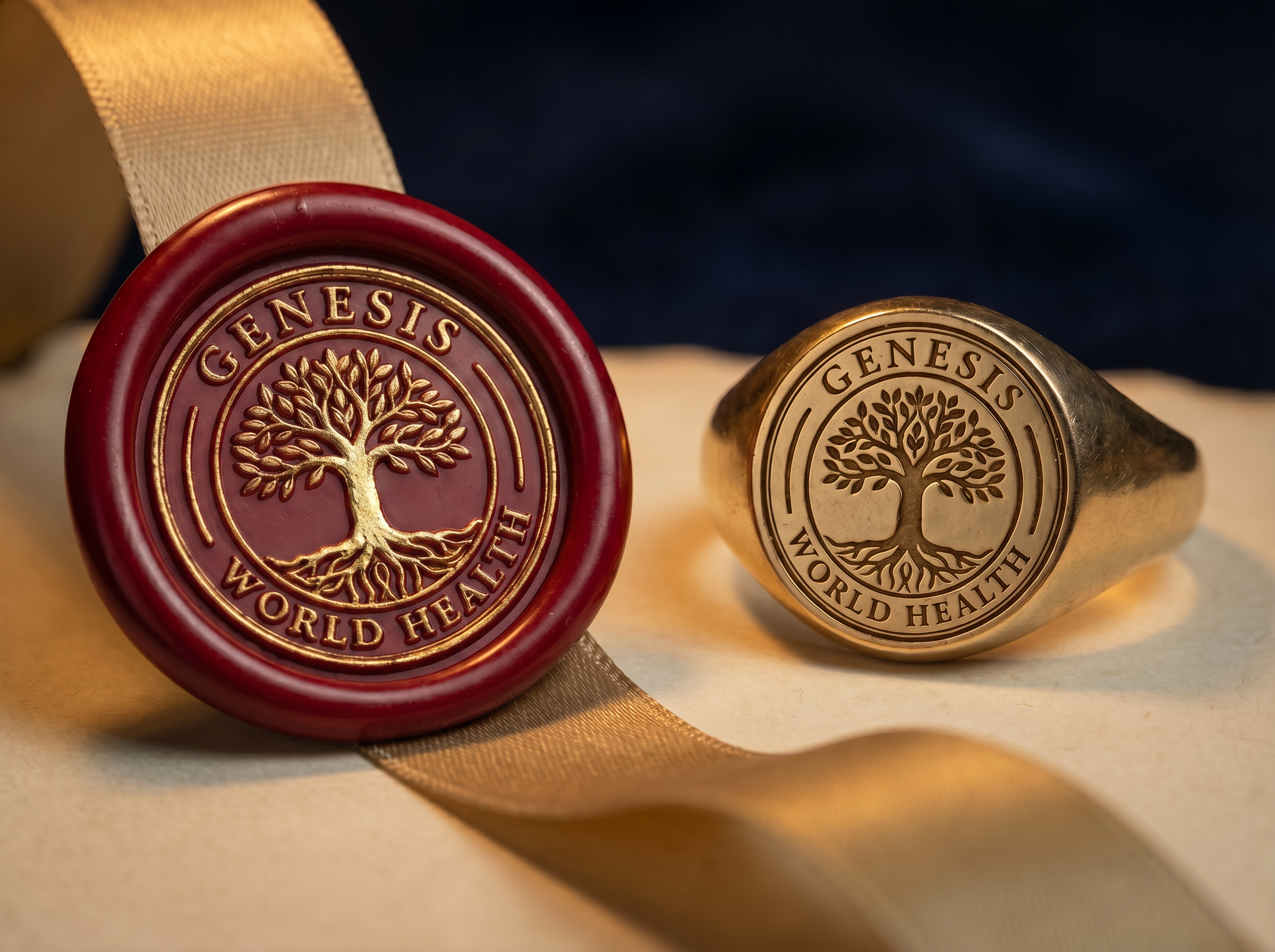 Matching Genesis World Health signet ring and crimson wax seal, both bearing the Tree of Life emblem — the official mark of authenticity