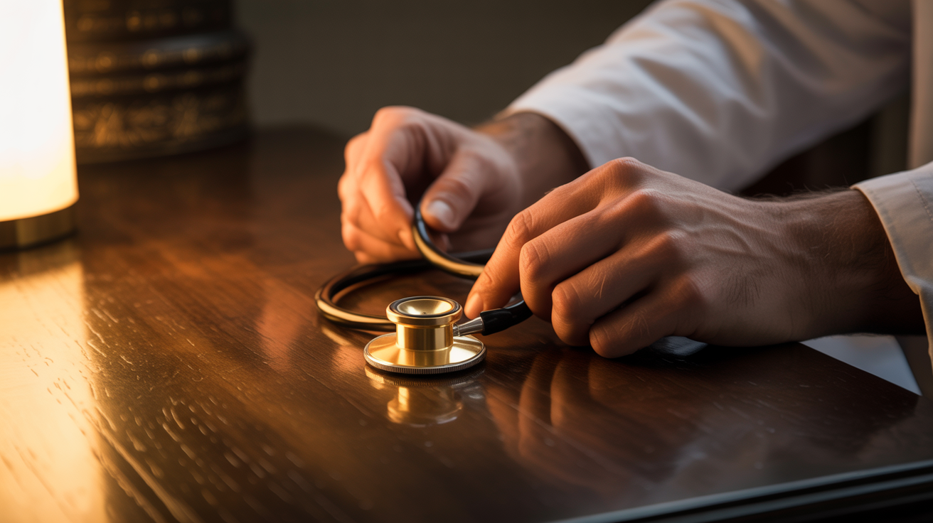 Physician's hands gently holding a vintage stethoscope — the sacred oath to protect