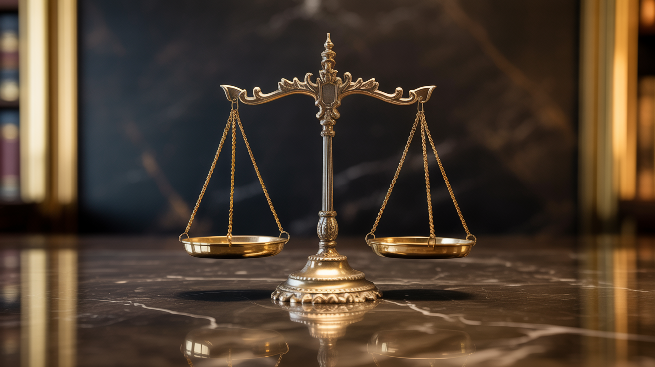 Antique golden scales balanced on dark marble — symbolizing wholeness and trustworthiness