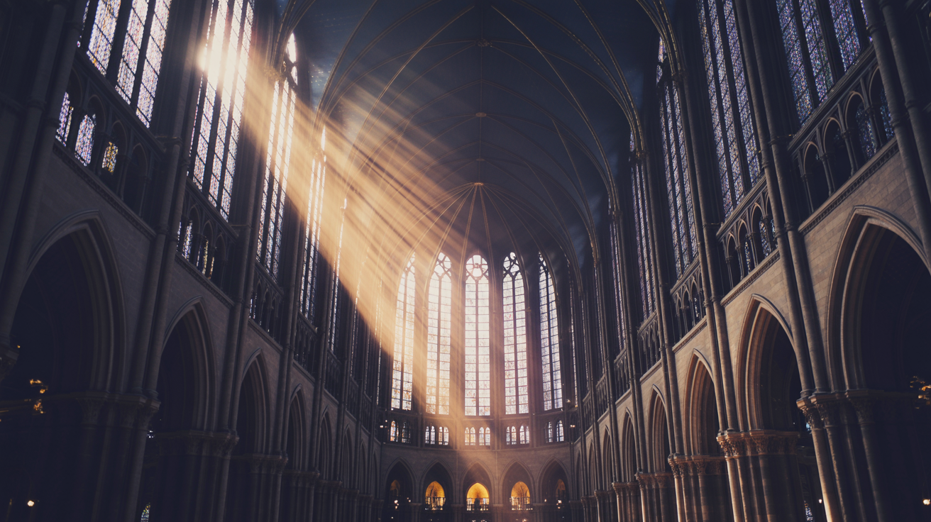 Grand cathedral interior with golden light — sacred architecture housing modern innovation