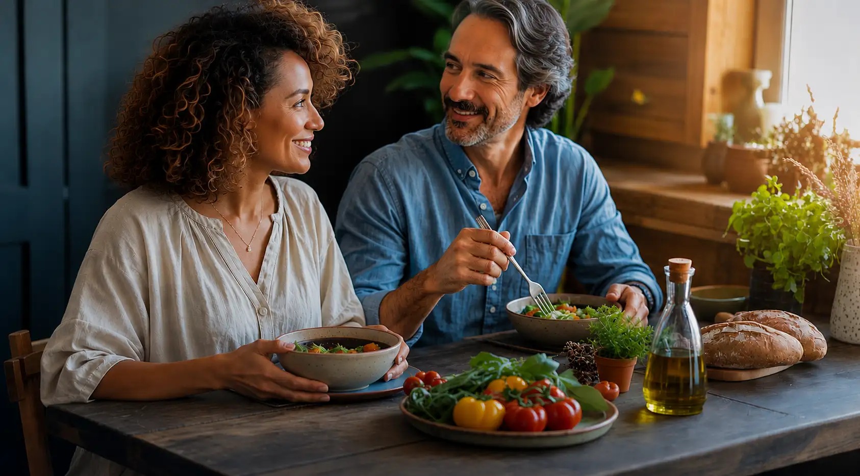 A couple sharing a thoughtful, healthy meal together — whole foods, herbs, and natural ingredients radiating peace and intentional living
