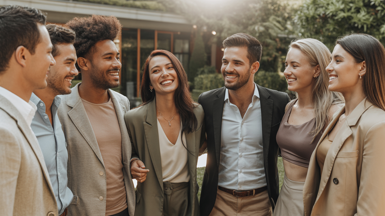 A diverse group of seven people interacting naturally, radiating health and confidence after transforming their wellness